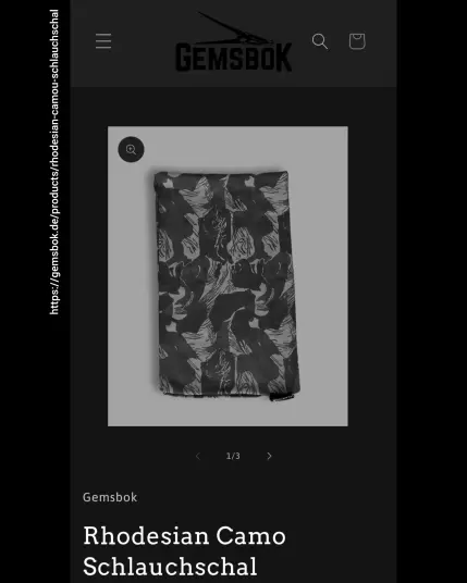 Screenshot des Gemsbok Onlineshops
Im Bild ist ein Schlauchshal mit dem Tarnmuster Rhodesien Brushstroke zu sehen