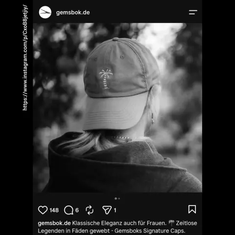 Screenshot des Gemsbok Instagramaccounts 
Im Bild ist eine Frau mit einem Basecap mit Palmenstickerei aus dem Shopangebot zu sehen. 
Die Beschreibung des Bildes:
Klassische Eleganz auch für Frauen. Zeitlose 
Legenden in Fäden gewebt-Gemsboks Signature Caps