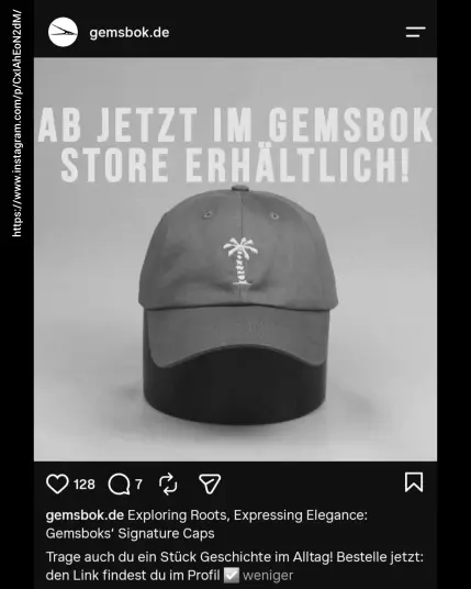 Screenshot des Gemsbok Instagramaccounts 
Im Bild ist ein Basecap mit Palmenstickerei aus dem Shopangebot zu sehen.