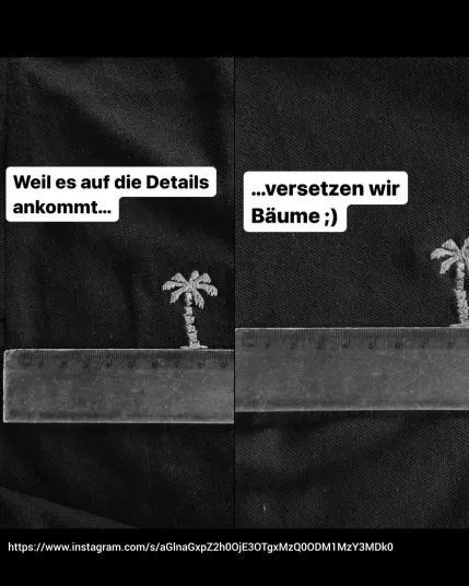 Collage aus zwei Bildern die auf dem Gemsbok  Instagramaccount veröffentlicht wurden. Linkes Bild: ein an der Naht der Knofleiste angelegtes Lineal zeigt den Abstand zu der mitte der Palmenstickerei mit ca 82mm an. Dazu der Bildkommentar: Weil es auf die Details ankommt...

Rechtes Bild: ein an der Naht der Knofleiste angelegtes Lineal zeigt den Abstand zu der Mitte der Palmenstickerei mit ca 88mm an. Dazu der Bildkommentar: ...versetzen wir Bäume;)