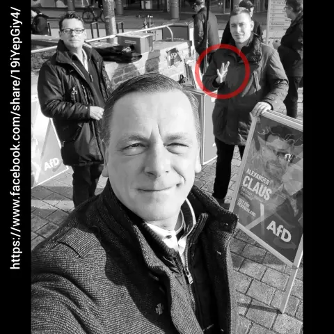 Ein von Marek Erfurth auf Facebook veröffentlichtes Foto
eines AfD Erfurt Infostandes am 14.01.25 auf der Schlösserbrücke in Erfurt. Vorne links ist AfD Stadtrat Marek Erfurth welcher das Selfi macht. Links hinter ihm steht Matthias Fürbringer. Rechts im Hintergrund steht Erfurths Walkreismitarbeiter und ebenso Stadtrat Alexander Töpfer und zeigt eine Geste die geschwärzt wurde.