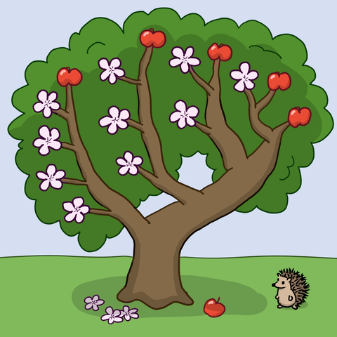 A cartoon tree. Whenever it branches to the left, the "flower" player wins a round. When it branches to the right, the "apple" player wins a round. The tree shows flowers and apples at the places where the player has won five rounds.

At the base of the tree, the won rounds are symbolized through 3 flowers and 1 apple. Also, there's a hedgehog!