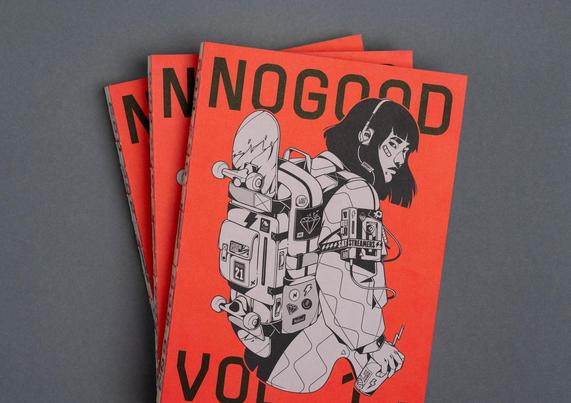 Magazine cover titled "NOGOOD" showing a stylized black-and-white illustration of a young skateboarder with headphones and a sticker-covered backpack, evoking urban skate culture.