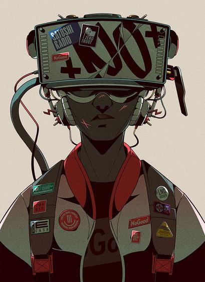 Person in shadowed cyberpunk style wearing a bulky, sticker-covered VR headset with tangled cables and headphones; patched jacket and pins convey immersive hacker/gamer identity.