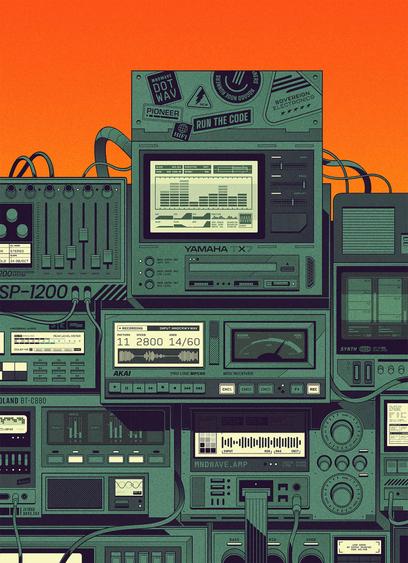 Stacked vintage electronic music gear—synths, samplers, mixers and tape machines in teal and black against an orange background, with screens, knobs, sliders and labels like YAMAHA TX7, AKAI MPC60 and SP-1200 suggesting a classic studio setup.