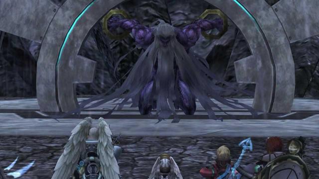 A screenshot of the video game Xenoblade Chronicles, showing the main characters lined up in front of the chained giant Zanza.