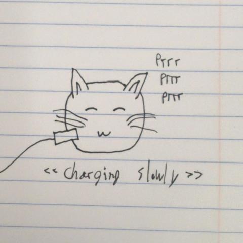 A pen drawing of a neocat-like cat head purring contentedly with their eyes closed while a cable is plugged into their face. A caption says "charging slowly"
