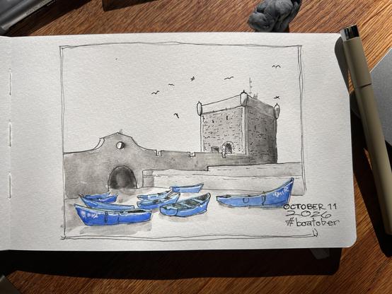 Blue boats in a port in Essaouria, Morocco