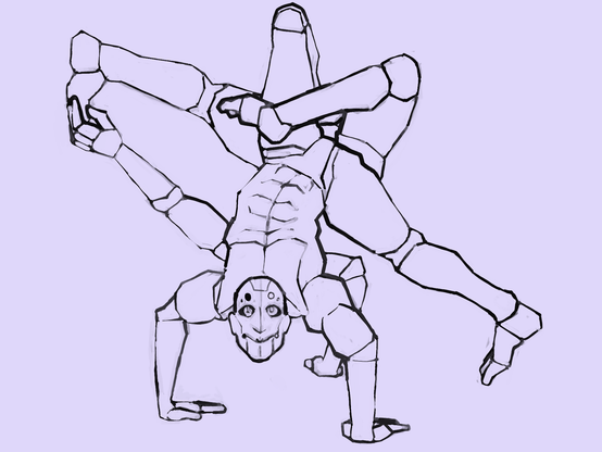 A humanoid robot doing a 3-armed handstand, with the fourth arm touching one of his outstretched feet, while the other 3 legs stabilize his position. His head is right side up, suggesting a 360 degree capable neck joint, as his body is upside down.