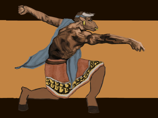 A Minotaur, the famous man-bull hybrid creature, reimagined as a Mino-an era Cretan scholar.