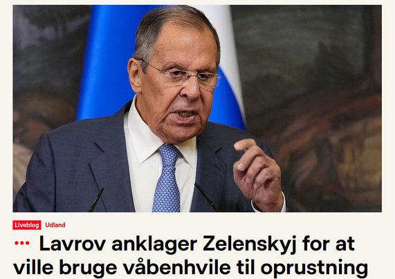 foto af Lavrov og overskrift hvor der spekuleres i om Ukraines præsident kunne finde på at opruste hvis han fik en pause i krigen.