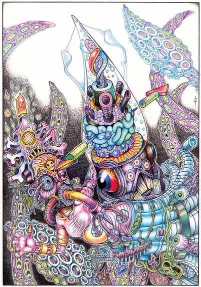 Very detailed and colourful pencil crayon drawing of a futuristic squid-like creature, with a woman swimming in front of it, she is sporting an elaborate headdress and has a mechanical right eye. I’m sorry, but it is difficult to describe, perhaps imagine a load of hyper-detailed psychedelic stuff, vaguely looking like a woman swimming in front of a squid. 🙏