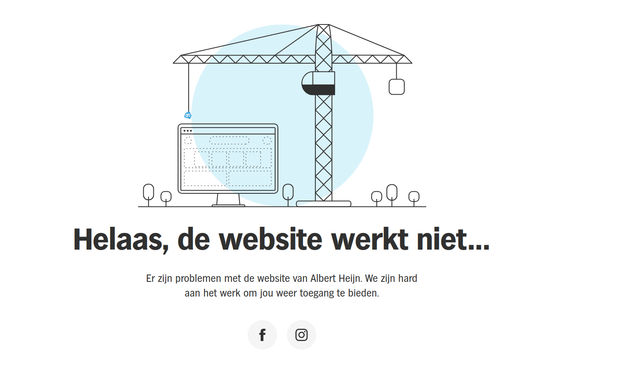 Screenshot of the AH.nl website on 2026-10-12 18:20. It displays a crane with a large monitor in a field with trees. Followed by large Dutch text: "Helaas de website werkt niet..." and in smaller print: "Er zijn problemen met de website van Albert Heijn. We zijn hard aan het werk om jou weer toegang te bieden." Followed by the icons for Facebook & Instagram where they added a few screenshots with a small FAQ...which off course could not be added to the website itself...or could it.