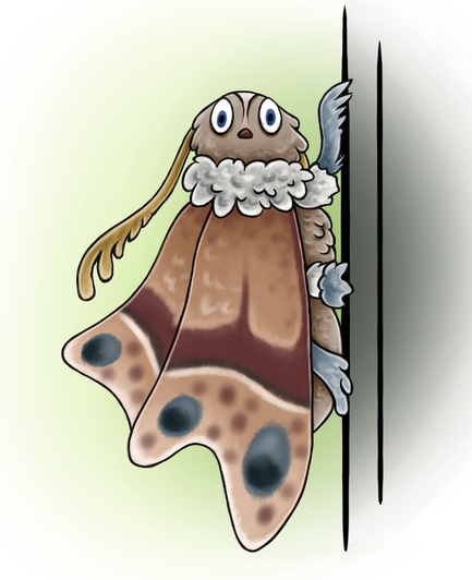 Cartoon style drawing of a moth sitting on a wall. The moth is beige and fluffy, with more gray legs and brown wings with wide dark stripes, some white patterns and big gray dots. It has big eyes and long branched yellow antennae - here only one is visible as moth's head is turned to watcher, to right side of its body.