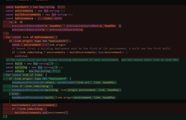 A screenshot of a diff of code with a lot of conflicting colors
