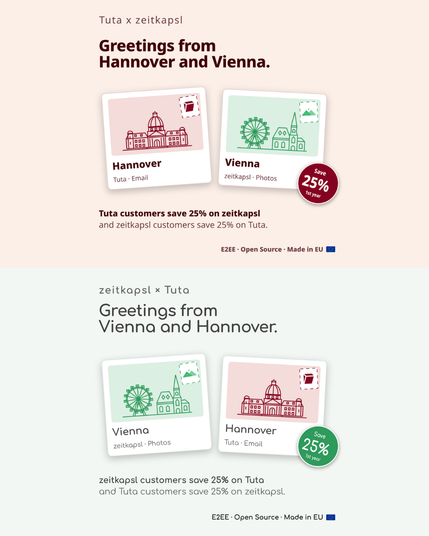 Image shows the headline "Greetings from Hannover and Vienna" and a 25% discount label.