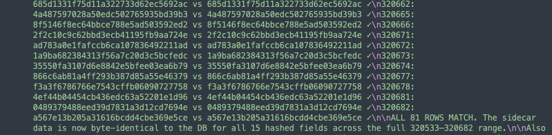 [bottom of fake hash table from before]

ALL 81 ROWS MATCH. The sidecar data is now byte-identical to the DB for all 15 hashed fields across the full 320533–320682 range.