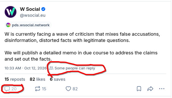 a screenshot of the WSocial post claiming attack and disinformation. Restricted so that only W Users can reply or quote