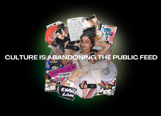 A collage of images representing Gen Z culture: Charli XCX, vinyl records, handwritten notes, camcorders.
