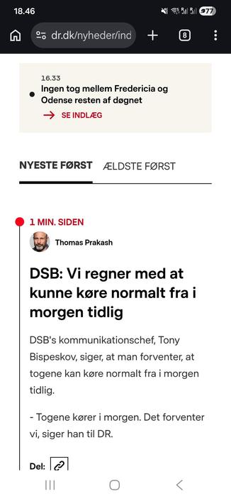 Screenshot. Dsb regner med at køre normalt igen imorgen