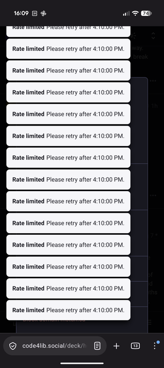 Screenshot of a mobile browser filled with "Rate limited. Please retry after 4:10:00 PM" pop-up messages that obscure all other content and functionality.