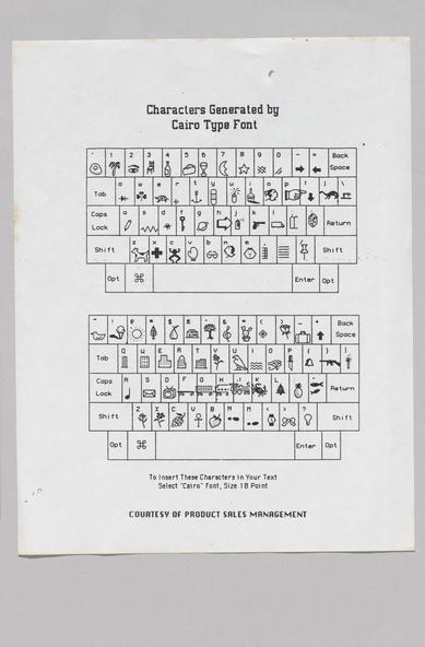“Characters Generated by Cairo Type Font” sheet with two keyboards, each depicting the character from the Cairo bitmap font for each key.