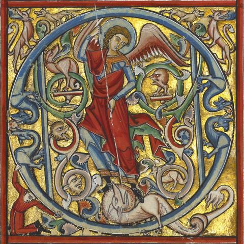 Initial ‘Q’ – archangel Michael slaying the #Dragon. psalter, Würzburg ca. 1240-1250. LA, The J. Paul Getty Museum, Ms. Ludwig VIII 2, fol. 61v.
#medieval #MedievalArt