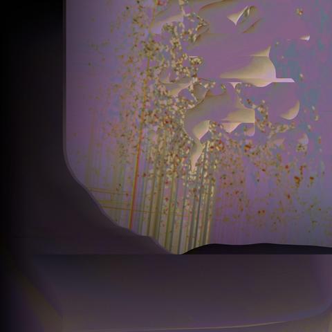 digital image with purple and gold and black and with a little bit of red. the upper 2/3rds and rightmost 3/4ths or so are framed by purple fading into black on the left side and some glow-y gold filtering through along the bottom. the framed portion is speckles and blobs and streaks, a small amount of the streaks and speckles are reddish.