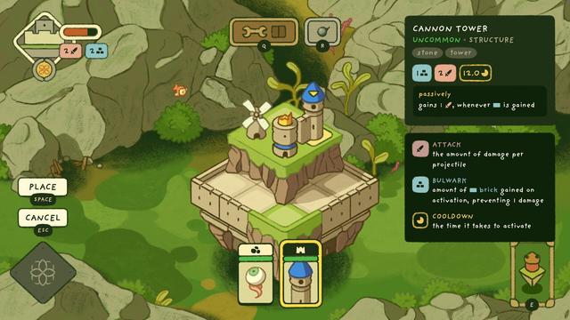 Screenshot #1 from the Steam page. Castle building game with cards, buttons, health bars and tooltips floating around it. Ligne claire genre of art style, with strong black outlines and comic style colour fills. They use a lot of noise, which affects the outlines too, making them look almost pencil-drawn.