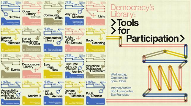 Cream promotional graphic pairing an Internet Archive tools grid with a panel reading "Democracy's Library: Tools for Participation," a matching circuit-line doodle, and event details: Wednesday, October 21st, 5pm-10pm, Internet Archive, 300 Funston Ave., San Francisco.