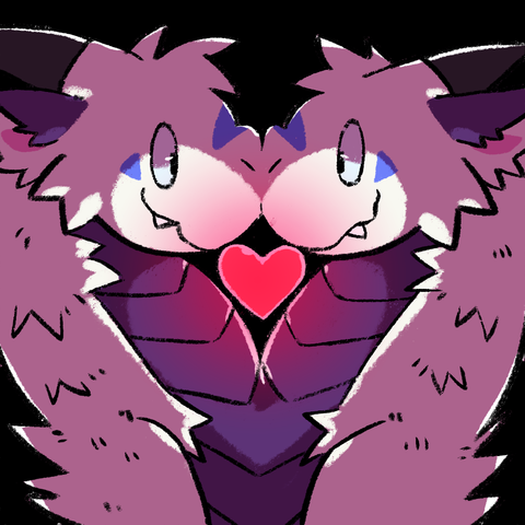 Two-headed fluffy hydra booping snoots and looking at eachother lovingly in the dark with a glowing red heart in between their necks illuminating their faces from below.