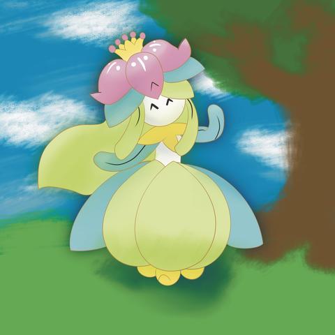 a drawing of the Pokémon lilligant in front of a blurry tree, sky, and cloud background