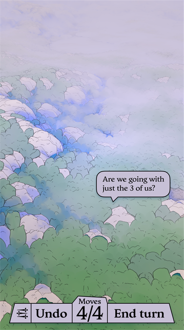 Similar to previous screenshots in this thread, but the UI element with stats has been removed. The hamburger menu has joined all the remaining elements.

There’s also a new element: a stray speech bubble pointing at nothing in particular in the world. It says “Are we going with just the 3 of us?”