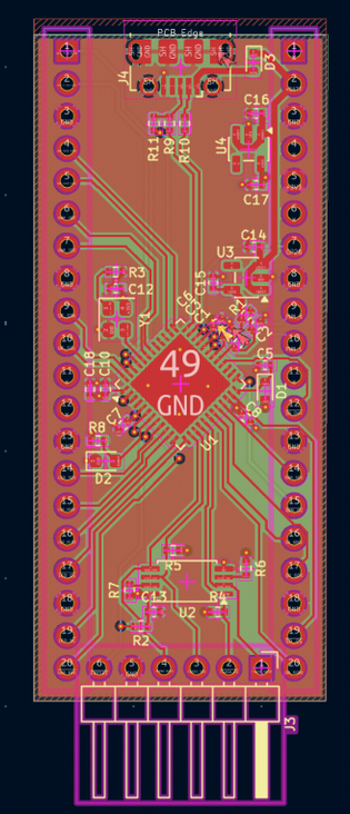 A PCB design shown in multi-colored CAD view, with a single chip in the center and a bunch of pin headers in roughly the shape of a DIP40
