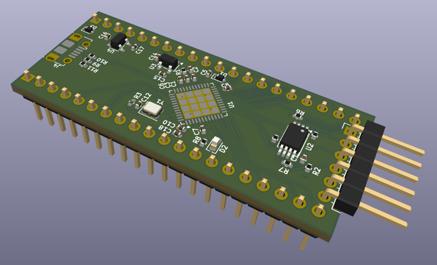 A 3D render of a PCB about the size of a Pi Pico or, if you're my age, a BASIC Stamp