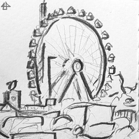 Bleistiftzeichnung mit sehr dunkler Lineart. Das Riesenrad auf der Münchner Wiesn, im  Vordergrund parkende Autos.
