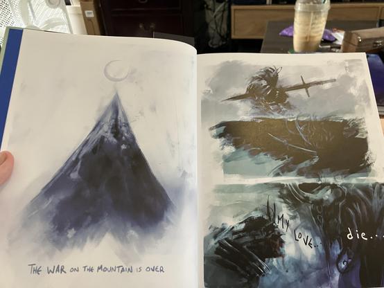 the first page shows a looming mountain, followed by two ghostly figures both impaled on swords, who tell eachother: "my love... die..."