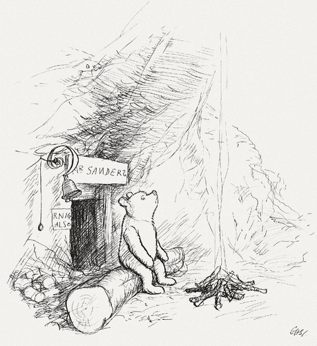 Black-and-white pen-and-ink illustration by E. H. Shepard of Winnie-the-Pooh sitting on a log and gazing upward beside a large tree. Behind him is a dark doorway at the tree’s base, with a sign reading “MR SANDERS” above it, a small bell, a hanging bell pull, and a partial note reading “RNIG ALSO.” A small pile of sticks lies on the ground to the right. Dense cross-hatching forms the tree.