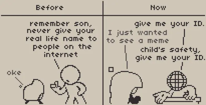 A 2 panel comic about child's safety on the internet.

Panel 1 is titled "Before", and shows child Anubi being adviced to by one of their parents, who's telling them "Remember son, never give your real life name to people on the internet". Anubi replies "oke"

Panel 2 is titled "Now", and shows Anubi talking to the internet, who mandates to her "give me your ID.", Anubi replies by saying "I just wanted to see a meme", to which the internet replies "child's safety, give me your ID."