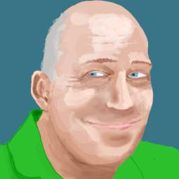 Hobbyist-level digital drawing of the artist as a middle-aged white baldy nincompoop. I tried hard. This was about my fifth attempt, after a few concerted efforts, including one where I simply carefully traced a photo. This one was drawn with reference to my reflection in the car rear view mirror. Not while driving, as I hope is obvious. I think by this iteration I was getting the basic shapes and proportions more-or-less in the right places, but my color selections are awful. Onward!