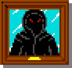 A pixelated, low resolution portrait of the player character "Gothmog", from Dungeon Master, 1987. A black hood entirely conceals the character, apart from two glowing red eyes in the darkness.