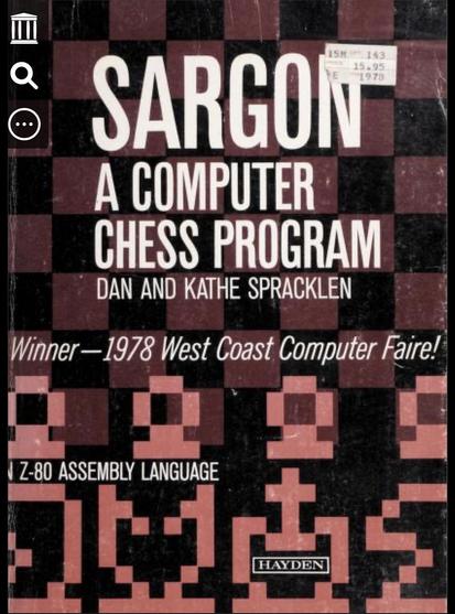 the cover of ‘sargon: a computer chess program’ by dan and kathe spracklen. the background is a deep red chess board, and aside from the text, there are one-bit simple sprites of chess pieces.