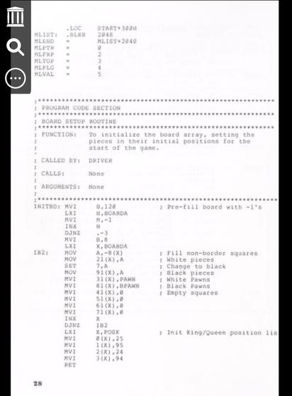 a page from the book explaining the board setup routine in a comment and then beginning the listing of the routine in z80 assembler.