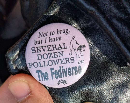 A pinned button on what may be a slightly rounded/u shaped pocket cover/flap on either a leather bag or maybe a leather jacket. The button is circular and lavendar. At the bottom, which is angled maybe five to ten degrees to the image, and 40-50 degrees to the pocket, is a small black monochrome image of three songbirds on a twig or line of some sort all are somewhat facing the viewer. Above this, and modtly aligned, is big bold dull blue text reading 'The Fediverse', with kerning and stamp bleeding such that the letters bleed into one another. To the right and above this is a smaller narrow nonjoined italic font in the same shade is the word 'on'. It is more or less aligned with 'The Fediverse' line. Two medium lines are above both of these, in the same colour but now an all caps medium weight serif font, and angled clockwise around five degrees from 'The Fediverse' line, is 'DOZEN FOLLOWERS'. Above this in navy but same font and alignment is 'SEVERAL'. The very top has continued
The very top has two more, now small (so that it goes 2x small, 2x medium, 1x small, 1x big, birds), but same colour, lines in italic font. They are rotated around ten to fifteen degrees anticlockwise from the bottommost line. The top says 'Not to brag,' and the second says 'but I have'. The g is of the two enclosed blob variety and the a's are not the style resembling a rotated e. The buttons reads
'Not to brag,
but I have
SEVERAL
DOZEN
FOLLOWERS
on
The Fediverse'.
check comments for more :)
