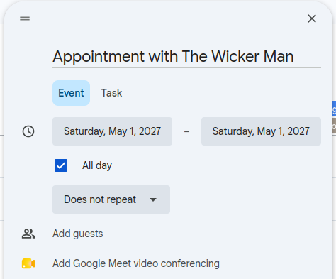 Google calendar entry for an appointment with the Wicker Man