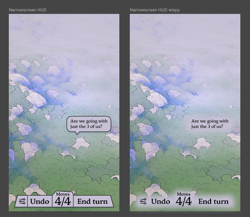 Same UI as in the images in previous posts of this thread, but with an additional variant based on blurred, foggy, cloudy shapes. All the solid backgrounds and black borders are gone, and replaced by highly blurred shapes with colours matching in the fog color in the game scene below them.