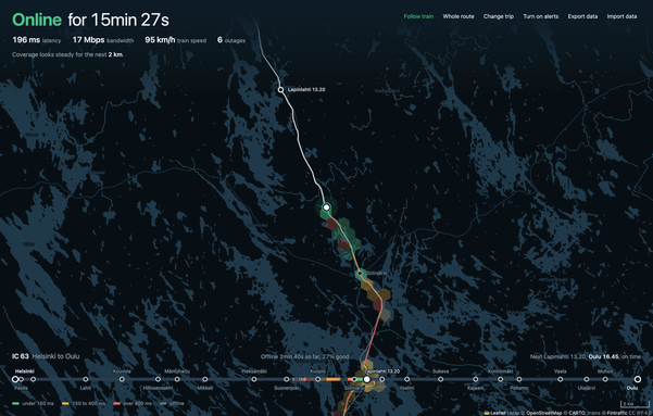 Map for Helsinki-Oulu trip