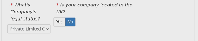 An interface with the question "Is your business located in the UK?" and a selection of yes or no. No is selected by default. When Yes is selected, a new input box appears that says "Please state country". So... when we say "Yes the company is in the UK", we get a box asking us to tell us what country we're in. When we select "no" the input box disappears. Basically it looks like the Yes and No options are reversed. At the end of the video, the person types "THE UK!!!!" into the Please state country box.