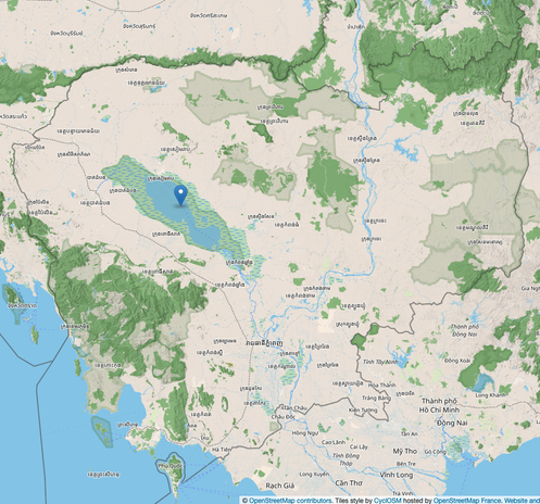 Map of Cambodia with pin on the Tonle Sap Lake