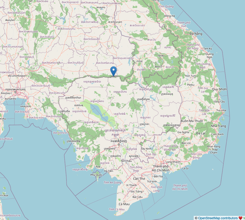 map of Southeast Asia with pin showing the location of the Preah Vihear temple on border of Thailand / Cambodia